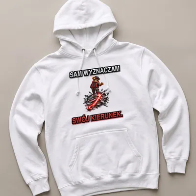 Vibrant graphic of bear character with text SAM WYZNACZAM SWÓJ KIERUNEK in black, red, and white — printed on a unisex hoodie