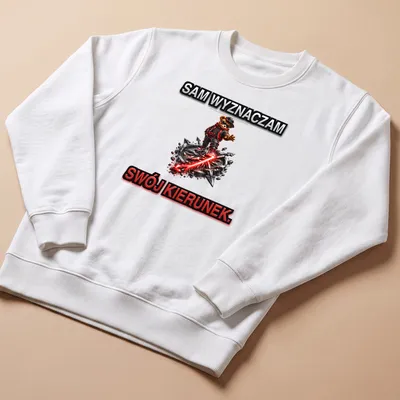 Vibrant graphic of bear character with text SAM WYZNACZAM SWÓJ KIERUNEK in black, red, and white — printed on a unisex sweatshirt