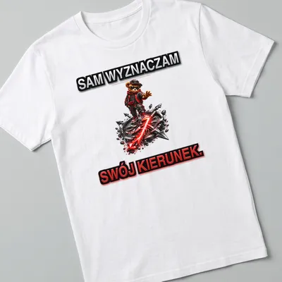 Vibrant graphic of bear character with text SAM WYZNACZAM SWÓJ KIERUNEK in black, red, and white