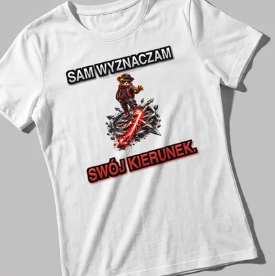 Vibrant graphic of bear character with text SAM WYZNACZAM SWÓJ KIERUNEK in black, red, and white — printed on a women's shirt