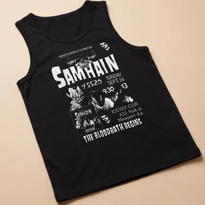 Vintage concert poster style Samhain t-shirt with skull and horror imagery — printed on a tank top