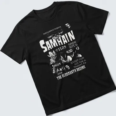 Vintage concert poster style Samhain t-shirt with skull and horror imagery — printed on a unisex t-shirt