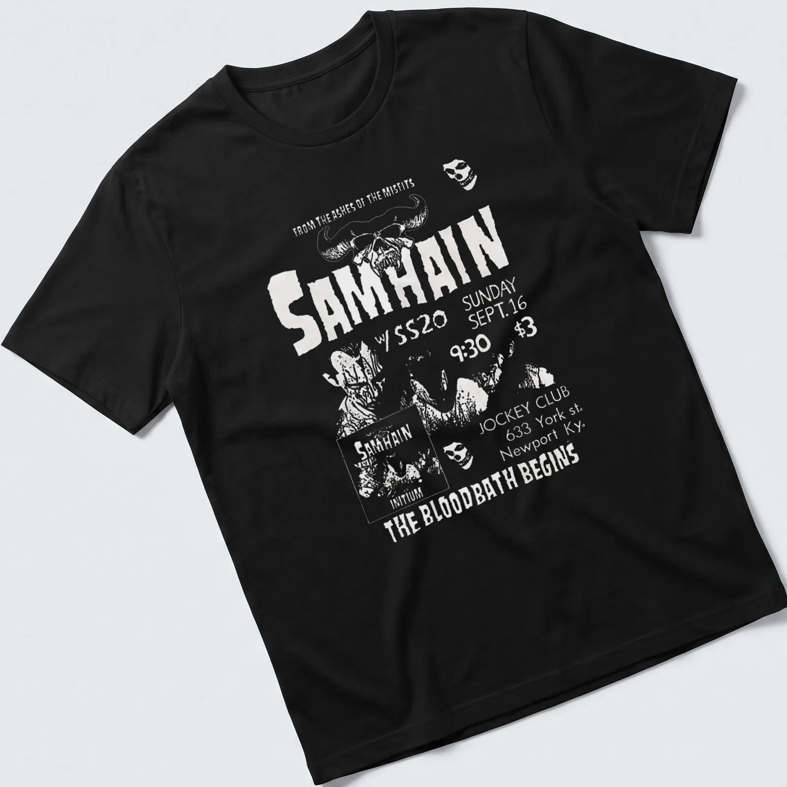 Vintage concert poster style Samhain t-shirt with skull and horror imagery — printed on a unisex t-shirt