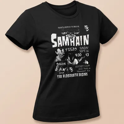 Vintage concert poster style Samhain t-shirt with skull and horror imagery — printed on a women's shirt