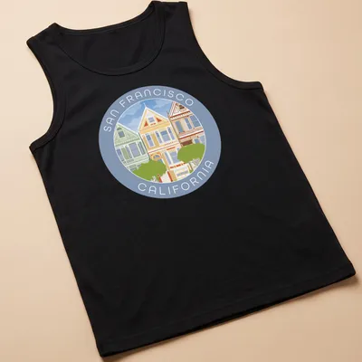Illustrative T-shirt featuring San Francisco's Painted Ladies houses with colorful design — printed on a tank top