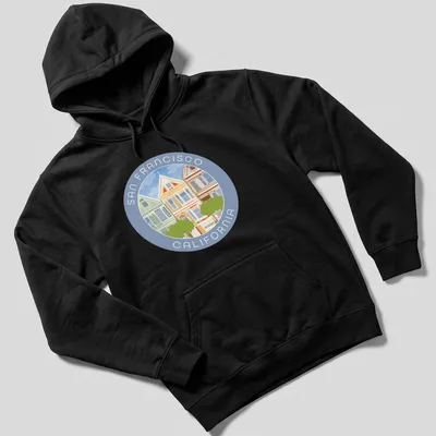 Illustrative T-shirt featuring San Francisco's Painted Ladies houses with colorful design — printed on a unisex hoodie