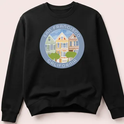 Illustrative T-shirt featuring San Francisco's Painted Ladies houses with colorful design — printed on a unisex sweatshirt