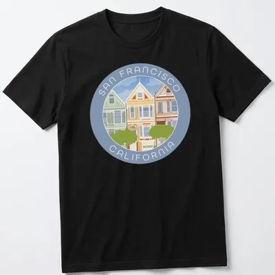 Illustrative T-shirt featuring San Francisco's Painted Ladies houses with colorful design