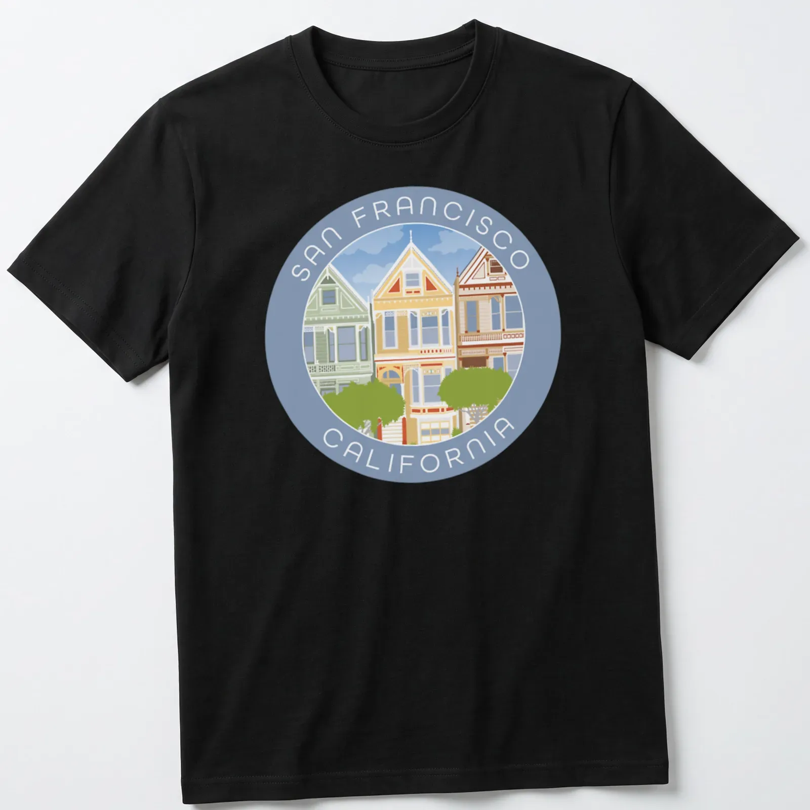 Illustrative T-shirt featuring San Francisco's Painted Ladies houses with colorful design — printed on a unisex t-shirt