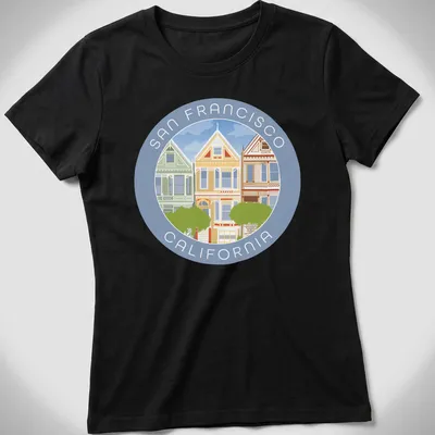 Illustrative T-shirt featuring San Francisco's Painted Ladies houses with colorful design — printed on a women's shirt