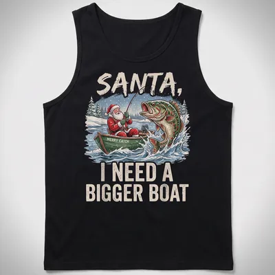 Vintage cartoon Santa fishing with a big bass and humorous text — printed on a tank top