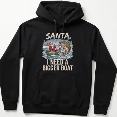 Vintage cartoon Santa fishing with a big bass and humorous text — printed on a unisex hoodie