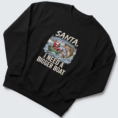 Vintage cartoon Santa fishing with a big bass and humorous text — printed on a unisex sweatshirt