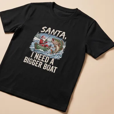 Vintage cartoon Santa fishing with a big bass and humorous text — printed on a unisex t-shirt