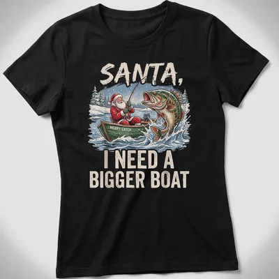 Vintage cartoon Santa fishing with a big bass and humorous text — printed on a women's shirt
