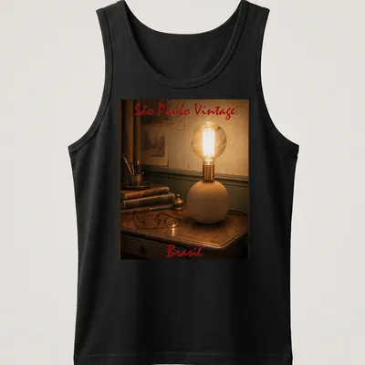 Vintage globe lamp T-shirt featuring São Paulo Brasil text, in brown and copper tones — printed on a tank top