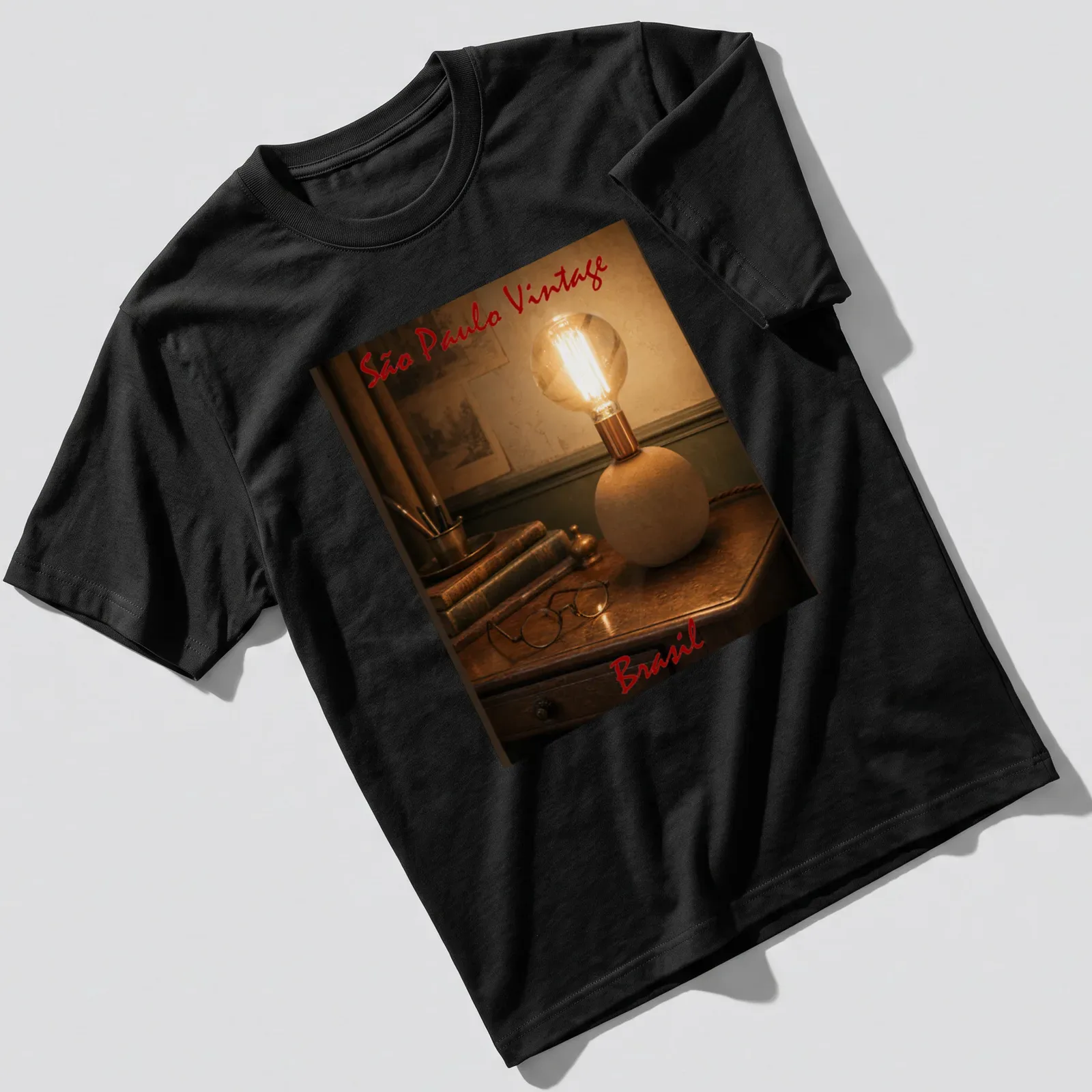 Vintage globe lamp T-shirt featuring São Paulo Brasil text, in brown and copper tones — printed on a unisex t-shirt