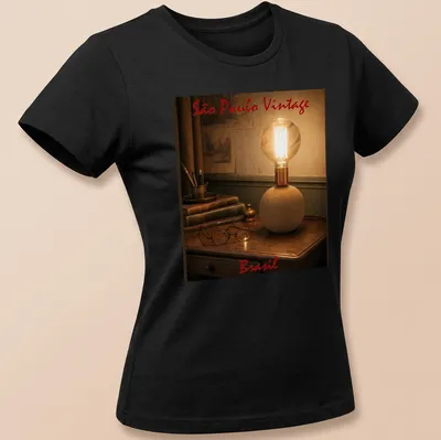 Vintage globe lamp T-shirt featuring São Paulo Brasil text, in brown and copper tones — printed on a women's shirt