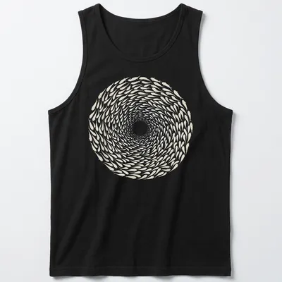 Illustration of a spiraling school of fish in white and light beige — printed on a tank top