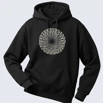 Illustration of a spiraling school of fish in white and light beige — printed on a unisex hoodie