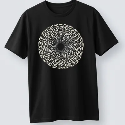 Illustration of a spiraling school of fish in white and light beige — printed on a unisex t-shirt