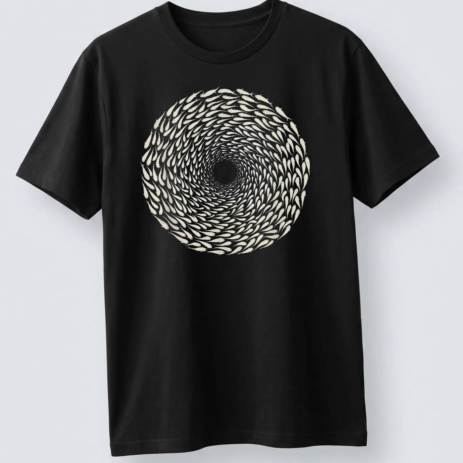 Illustration of a spiraling school of fish in white and light beige — printed on a unisex t-shirt