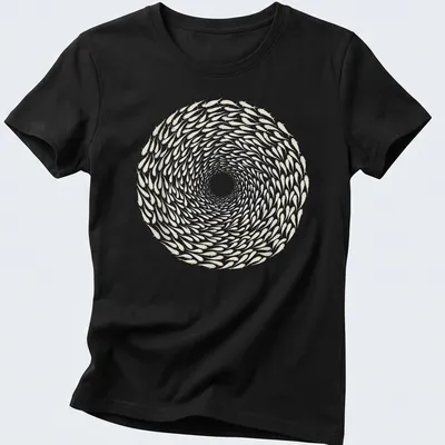 Illustration of a spiraling school of fish in white and light beige — printed on a women's shirt