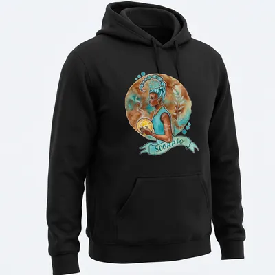 Watercolor Scorpio zodiac sign character with vibrant colors — printed on a unisex hoodie