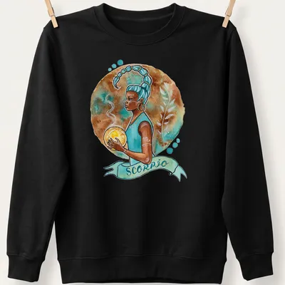 Watercolor Scorpio zodiac sign character with vibrant colors — printed on a unisex sweatshirt