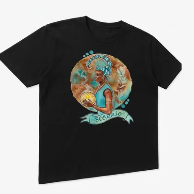 Watercolor Scorpio zodiac sign character with vibrant colors — printed on a unisex t-shirt (angled view)