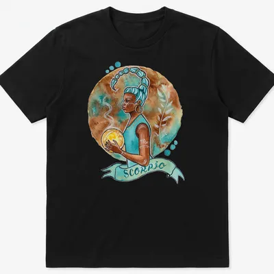 Watercolor Scorpio zodiac sign character with vibrant colors — printed on a unisex t-shirt