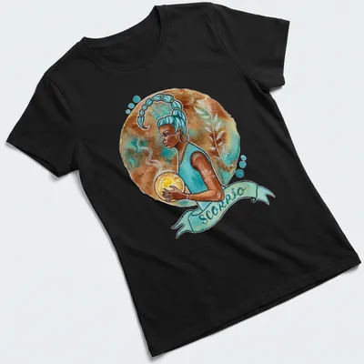 Watercolor Scorpio zodiac sign character with vibrant colors — printed on a women's shirt