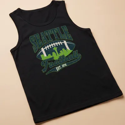 Retro skyline of Seattle with football and text in navy, green, and white — printed on a tank top