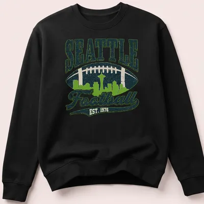 Retro skyline of Seattle with football and text in navy, green, and white — printed on a unisex sweatshirt