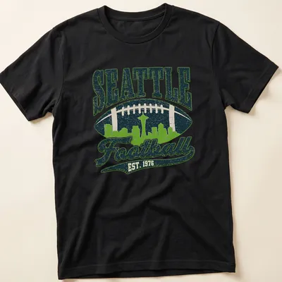 Retro skyline of Seattle with football and text in navy, green, and white — printed on a unisex t-shirt