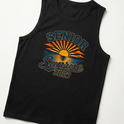 Vintage retro Senior Sunrise 2027 T-shirt with ocean and mountains graphic — printed on a tank top