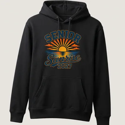 Vintage retro Senior Sunrise 2027 T-shirt with ocean and mountains graphic — printed on a unisex hoodie