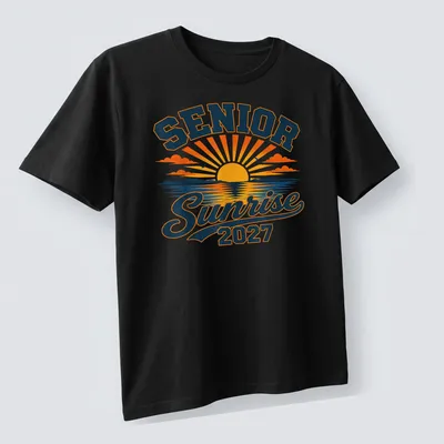 Vintage retro Senior Sunrise 2027 T-shirt with ocean and mountains graphic — printed on a unisex t-shirt (angled view)