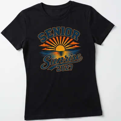 Vintage retro Senior Sunrise 2027 T-shirt with ocean and mountains graphic — printed on a women's shirt