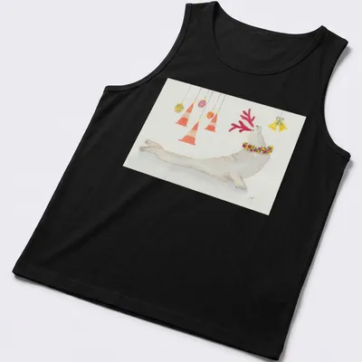 Watercolor print of a seal with antlers and festive decorations in various colors — printed on a tank top