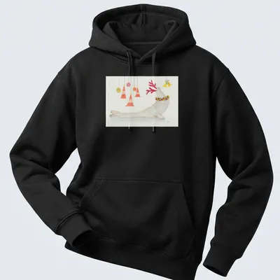 Watercolor print of a seal with antlers and festive decorations in various colors — printed on a unisex hoodie