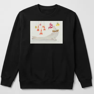 Watercolor print of a seal with antlers and festive decorations in various colors — printed on a unisex sweatshirt