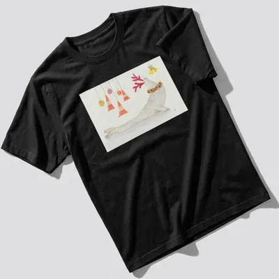 Watercolor print of a seal with antlers and festive decorations in various colors — printed on a unisex t-shirt
