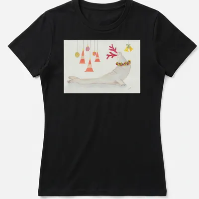 Watercolor print of a seal with antlers and festive decorations in various colors — printed on a women's shirt