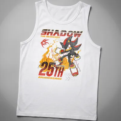 Distressed tee featuring Shadow The Hedgehog with bold anniversary text — printed on a tank top