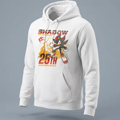 Distressed tee featuring Shadow The Hedgehog with bold anniversary text — printed on a unisex hoodie