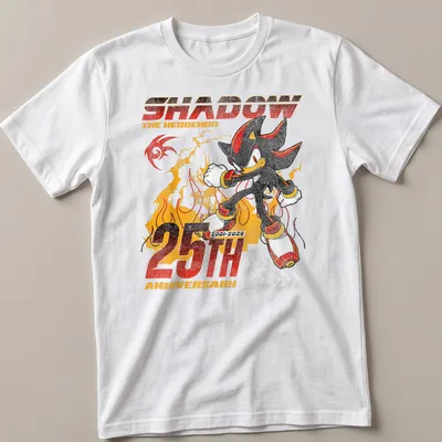 Distressed tee featuring Shadow The Hedgehog with bold anniversary text — printed on a unisex t-shirt