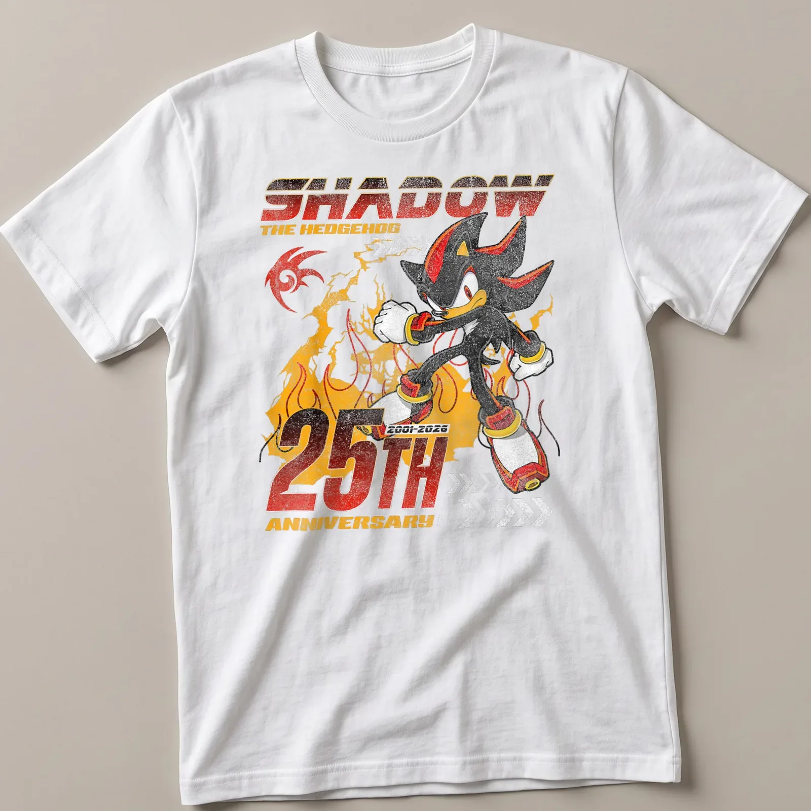 Distressed tee featuring Shadow The Hedgehog with bold anniversary text — printed on a unisex t-shirt