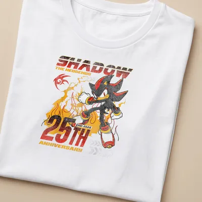 Distressed tee featuring Shadow The Hedgehog with bold anniversary text — printed on a women's shirt