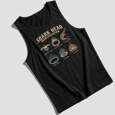 Vintage illustrated T-shirt showing various shark heads with identification text — printed on a tank top
